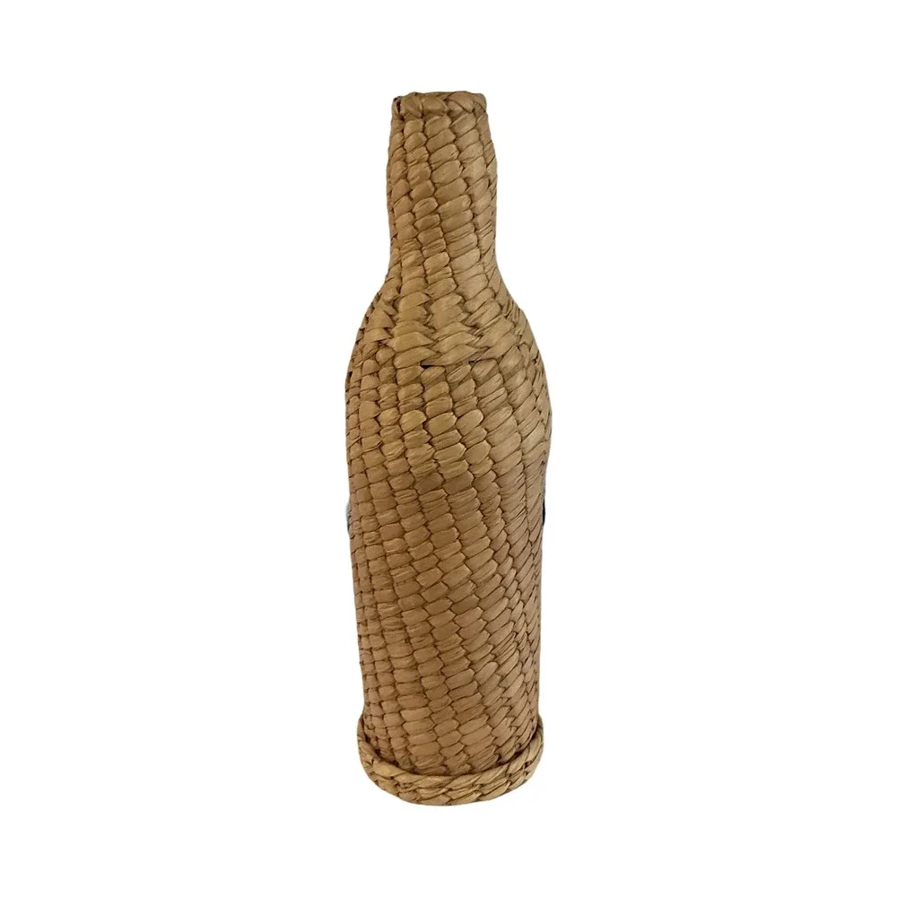Vintage Woven Straw Bottle Cover Folk Art Blue Yarn‎ Grapes Decorative Decanter
